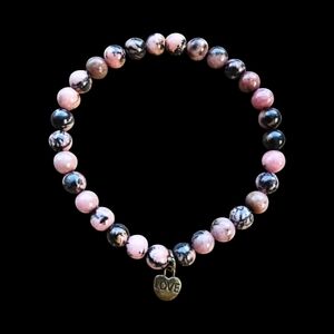 Emotional Healing Rhodonite HQ Stretch Bracelet Reversible Heart Love Charm